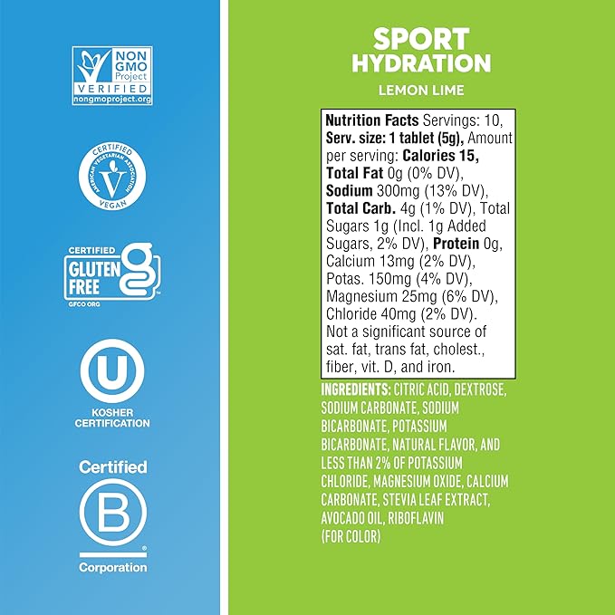 Nuun Sport Electrolyte Tablets with Magnesium, Calcium, Potassium, Chloride & Sodium, Gluten Free & Vegan, Lemon Lime, 8 Pack (80 Servings Total)