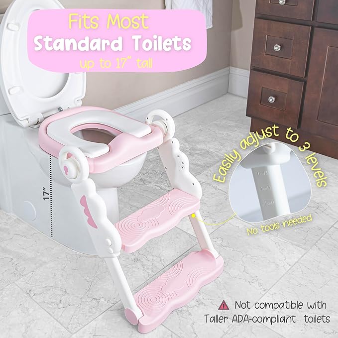 Musical & Sound Toddler Potty Training Seat w/Step Stool Ladder - Collapsible & Adjustable Toilet, Pre Assembled Toddler Toilet Seat w/Music & Sounds - Splash Guard & Anti-Slip Steps - Pink