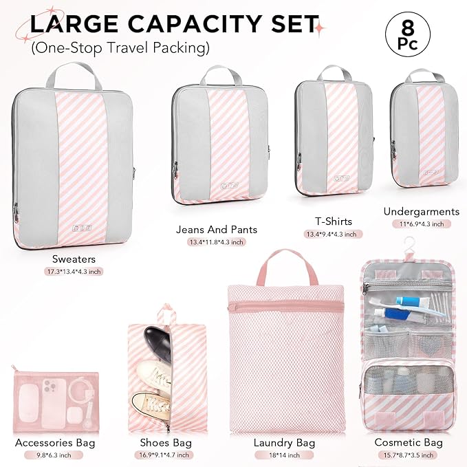 8 Set Compression Packing Cubes for Travel Essentials,Compressible Expandable Packing Cubes for Suitcase,OlarHike Luggage Organizer Bags for Travel,Handy Helper for Organizing Clothes(Pink Stripped)
