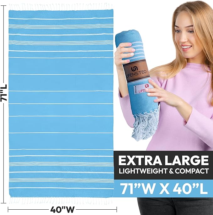 Turkish Beach Towel - 40x71 inch Oversized Sand Resistant Prewashed Turkish Towel - 100% Turkish Cotton Quick Drying, Compact, Lightweight Turkish Towel for Beach, Bath, Pool, Gym, Yoga