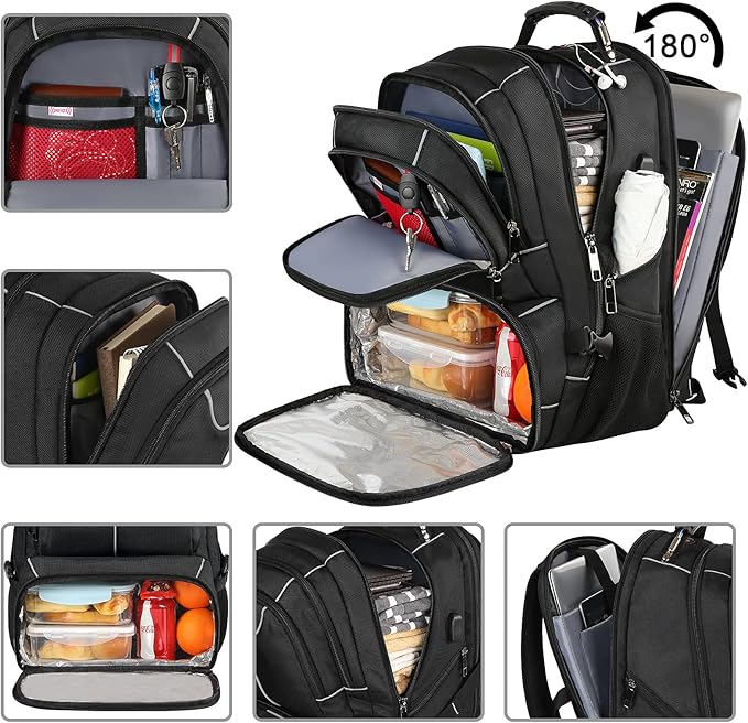 VECKUSON Lunch Bag Backpack, Insulated Cooler Lunch Box Backpack, Extra Large Travel Laptop Backpack TSA Friendly RFID Computer College bag with USB Port for Women Men Fits 17.3 Inch Laptop