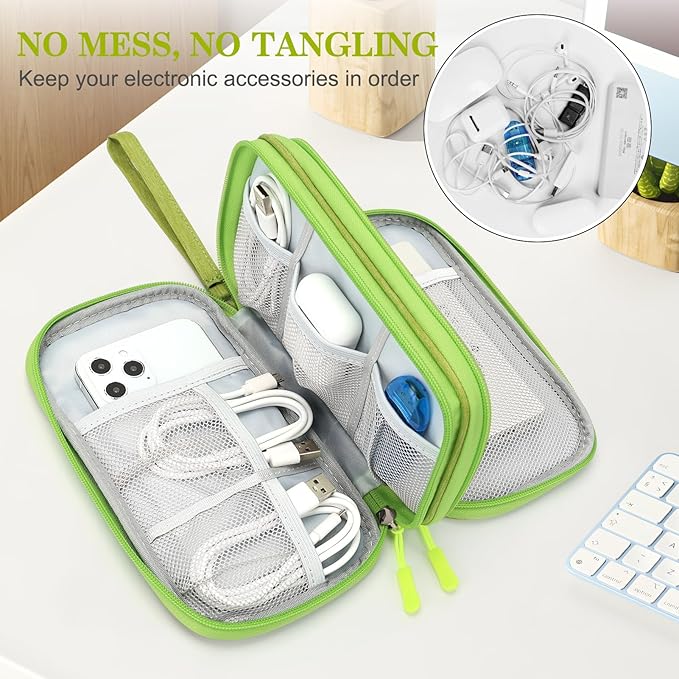 FYY Electronic Organizer, Travel Cable Organizer Bag Pouch Electronic Accessories Carry Case Portable Waterproof Double Layers Storage Bag for Cable, Cord, Charger, Phone, Earphone, Large Size, Green