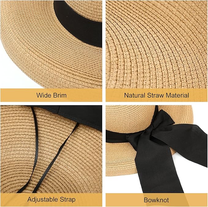 Surblue Straw Summer Hat Women's Floppy Sun Hat Wide Brim Beach Bow Hat