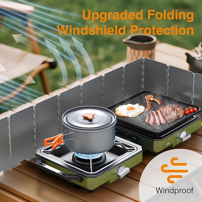 ODSD 2 Burner Camping Stove with Windshield, 20000 BTU Propane Camp Stove, Portable Folding Gas Stove, Camping Essentials Gears Includes Frying Pan, Coffee Stand & Carry Bag, Green