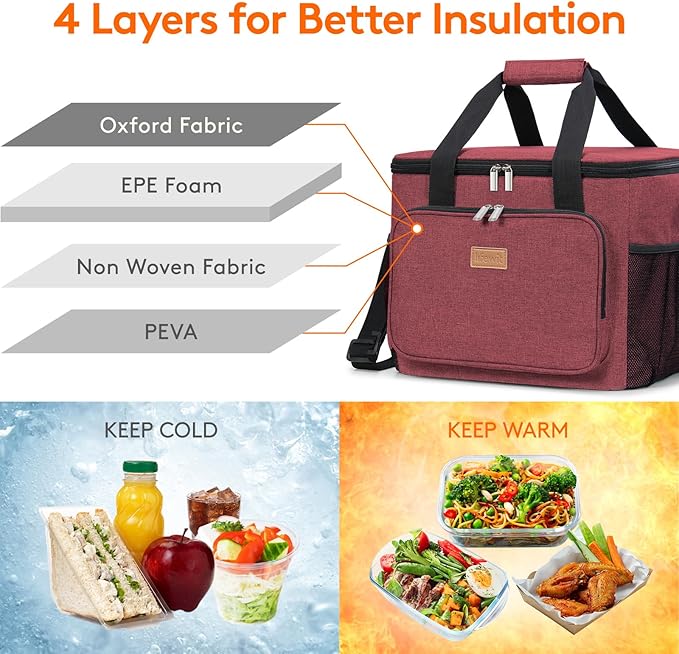 Lifewit Large Lunch Bag Insulated Lunch Box Soft Cooler Cooling Tote for Adult Men Women, Burgundy 40-Can (24L)