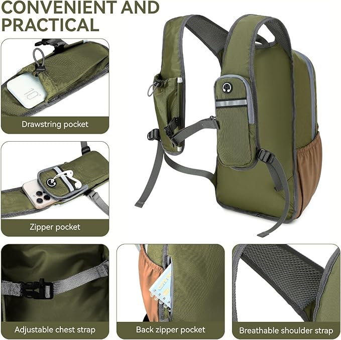 15L Small Hiking Backpack for Men Women Lightweight Packable Backpack Foldable Casual Daypack for Camping Travel Outdoor, Green