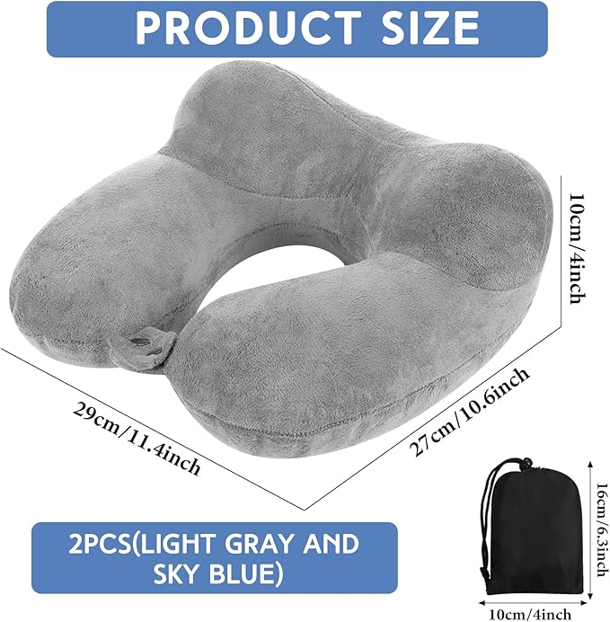 Sintuff 2 Pack Inflatable Travel Pillow for Airplanes Inflatable Neck Flight Pillows with Compact Bag and Blindfold for Traveling, Airplane, Train, Car, Office(Light Gray and Sky Blue)
