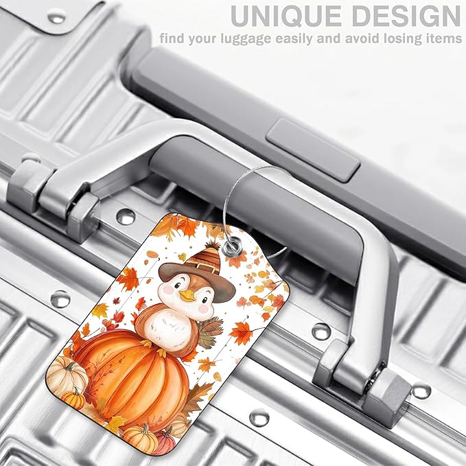 2 Pcs Cartoon Turkey and Pumpkin Luggage Tags for Suitcases Autumn PU Leather Baggage Tags Name ID Label with Privacy Cover and Stainless Steel Loop for Men Women Travel Bag Suitcase