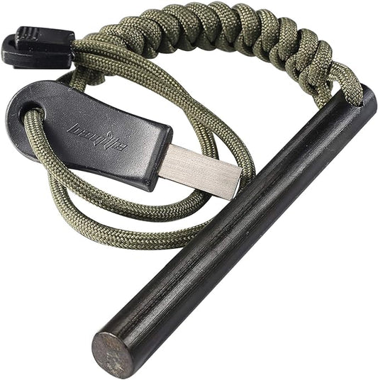 bayite 4 Inch Survival Ferrocerium Drilled Flint Fire Starter, Ferro Rod Kit with Paracord Landyard Handle and Striker, 4"(Long) x 3/8"(Diameter)