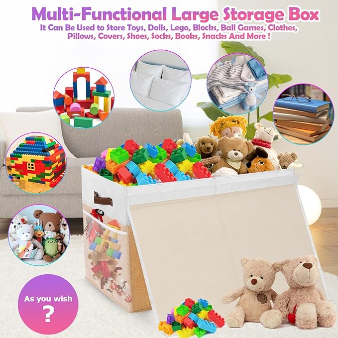 Large Toy Storage Box with Lid, Collapsible Sturdy Toys Storage Organizer Chest Bin Basket with Divider for Kids, Boys, Girls, Closet, Playroom, Bedroom, Nursery, 26"x17"x17" (Beige and White)