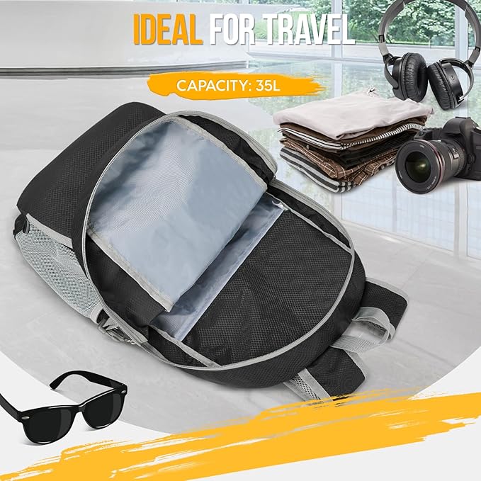ZOMAKE Lightweight Packable Backpack 35L, Light Foldable Backpacks Water Resistant Collapsible Hiking Bag, Compact Folding Day Pack for Travel Camping(Black)