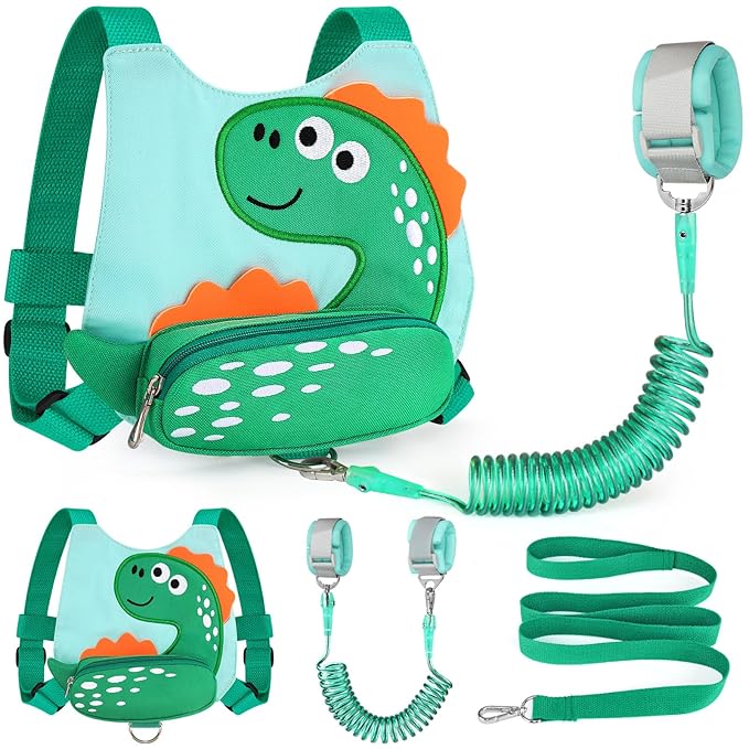 Accmor 3 in 1 Toddler Harness Leash + Baby Anti Lost Wrist Link, Cute Dinosaur Kids Safety Harness Tether, Kids Walking Wristband Assistant Strap Belt for Parent Boys Outdoor Activity (LightGreen)