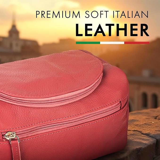 ELIZO Premium REAL Leather Toiletry Bag for Men Dopp Kitt Hanging Mens Toiletry Large TSA Toiletries Bag Shaving Grooming Bag Organizer Espresso (Pink, Large)