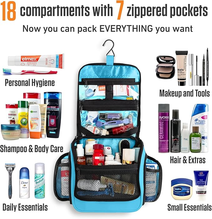 VENTURE 4TH Hanging Travel Toiletry Bag for Women & Men - Travel Organizer with Expandable Compartments & Removable Clear Pouch for Toiletries (Light Blue)
