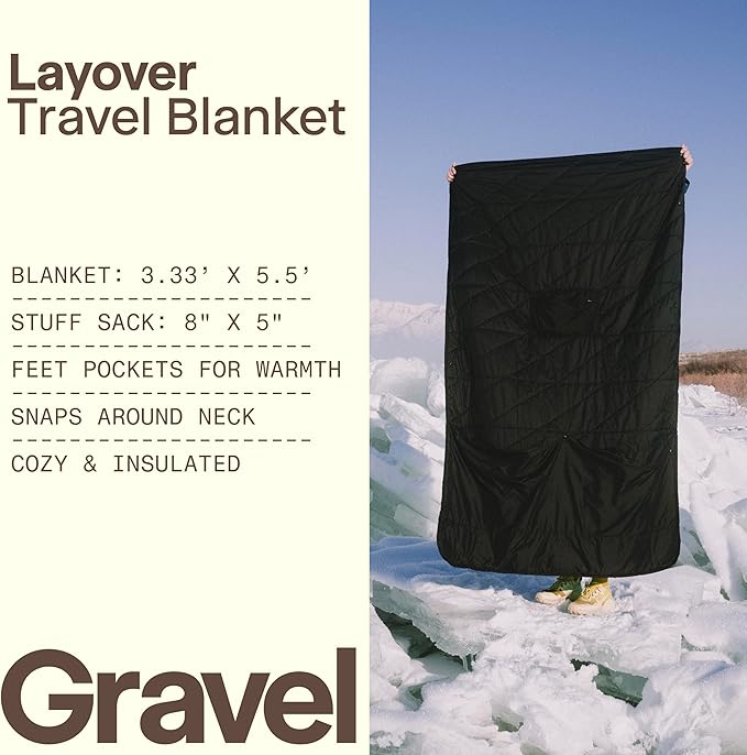 Gravel Layover Travel Blanket – Ultra-Lightweight, Warm Down Alternative with Carry Pouch (Black)