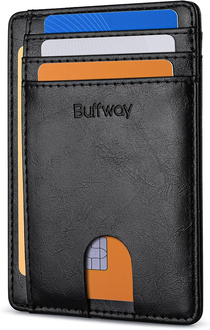 Buffway Slim Minimalist Front Pocket RFID Blocking Leather Wallets for Men and Women - Alaska Black