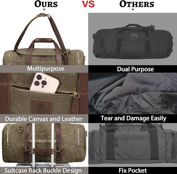 50L Duffle Bag for Men, Nomad Waxed Canvas Travel Duffel Bag Vintage Genuine Leather Travel Handbag Upgraded Weekender Overnight Backpack with Shoes Compartment (Vintage Grey)