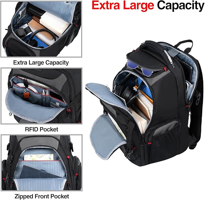 KROSER Travel Laptop Backpack 17.3 Inch XL Computer Backpack with Hard Shell Saferoom RFID Pockets Water-Repellent Business College Daypack Stylish Bag for Men/Women-Black Grey