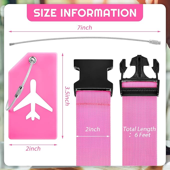 Weewooday 8 Pcs Luggage Straps Suitcase Tags Set for TSA Approved, 4 Travel Adjustable Suitcase Belt, 4 Silicone Luggage Tags with Name ID Card Travel Accessories(Pink,Airplane)
