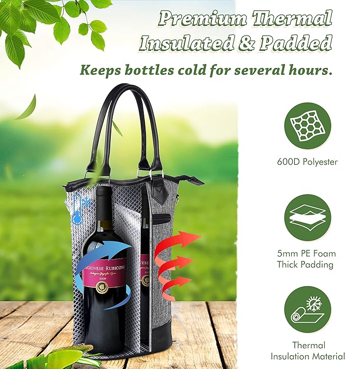 Tirrinia Insulated Wine Gift Carrier Tote - Travel Padded 2 Bottle Wine/Champagne Cooler Bag for Portable Wine Bottle Carrying Case, Women Men Event party, Gift for Wine Lovers