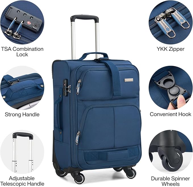 Hanke 28 Inch Softside Expandable Luggage with Spinner Wheels,Check Large Luggage Rolling Suitcase Travel Luggage with TSA Approved,Blue