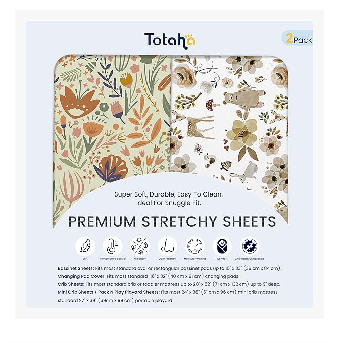 TotAha Premium Soft Pack n Play Sheets, Super Stretchy Jersey Knit Mini Crib Sheets Fitted, Silky Comfort Pack and Play Sheets Fitted, 2 Pack (Botanical Garden & Cute Bear)