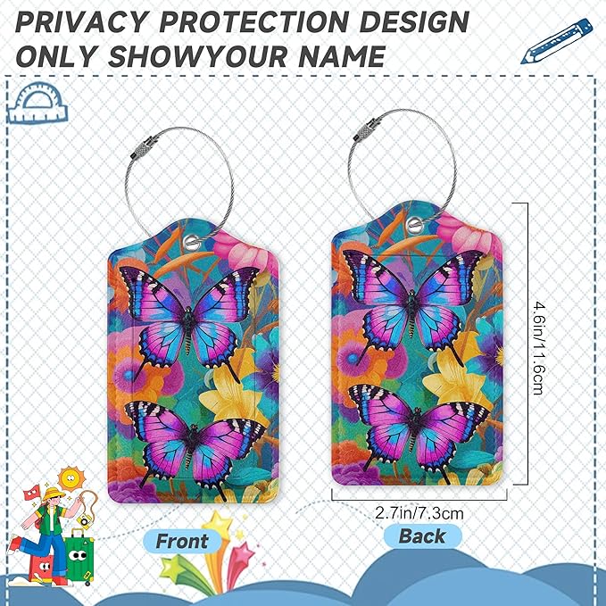 2 Pack Luggage Tag for Suitcase,Groovy Flowers Butterflies Leather Suitcase Tags Identifiers with Privacy Name Address Labels and Durable Steel Loop for Women Men Travel