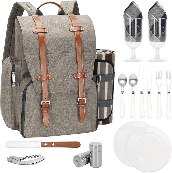Picnic Backpack for 2 Person with Large Insulated Cooler Bag, Picnic Basket Set with Wine Pouch, Waterproof Picnic Blanket & Cutlery Set. Perfect for Beach, Camping,Wedding Gift for Couple.Beige