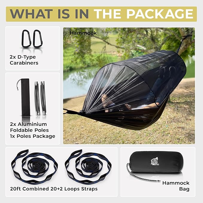 Miztli Camping Hammock -Portable Hammock w/Spacious Net & Tree Straps w/Adjustable Loops, Double and Single Hammock for Outdoor, Indoor, Hiking and Travel