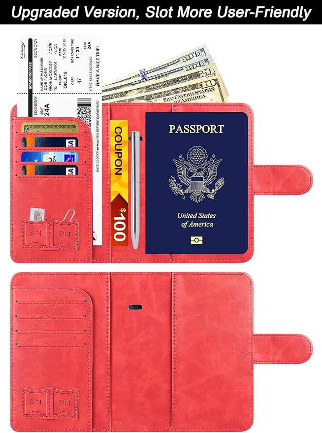 Passport Holder Cover Wallet Travel Essentials Leather Rfid Blocking Case Vacation Luggage Must Haves Travel Accessories for Men Women (120#Red)