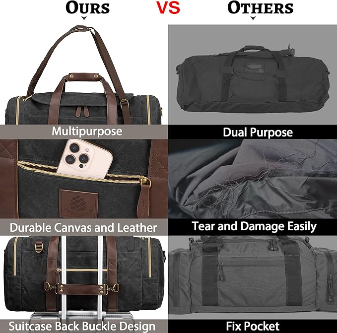 50L Duffle Bag for Men, Nomad Waxed Canvas Travel Duffel Bag Vintage Genuine Leather Travel Handbag Upgraded Weekender Overnight Backpack with Shoes Compartment (Vintage Black, Large-50L)