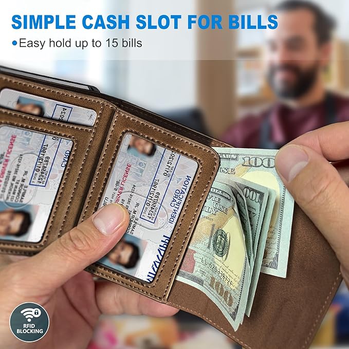 Wallet for Men,with Cash Pocket 2 ID Window 9-13 Cards,Metal Case Smart Slim Pop Up Credit Card Holder Flip with Magnetic Closure RFID Blocking Trifold wallet with Gift Box