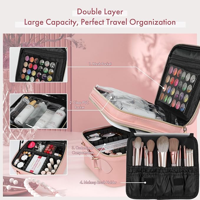 Travel Makeup Bag with LED Mirror Double Layer, Detachable Vanity Mirror with Lights, Tri-light Dimmable, Makeup Case with Adjustable Dividers and Brush Holder Cosmetic Organizer Storage Box