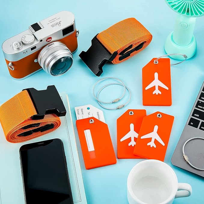 Weewooday 8 Pcs Luggage Straps Suitcase Tags Set for TSA Approved, 4 Travel Adjustable Suitcase Belt, 4 Silicone Luggage Tags with Name ID Card Travel Accessories(Orange,Airplane)