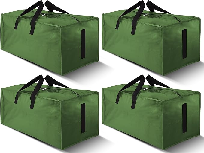 4 Pack Large Strong Moving Bags with Zippers & Carrying Handles - Water-Resistant - Heavy Duty Storage Tote for Space Saving, Fold Flat, Alternative to Moving Box (Olive Green)