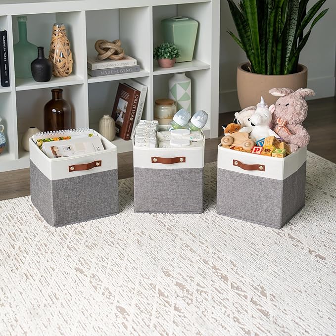 OrganiHaus 11x11 Fabric Cubes Storage Bins Set of 4, Foldable Collapsible Fabric Storage Bins for Organizer, Cubbies Organizer for Kallax, Linen Cube Shelf Baskets, Toy Organizing boxes - Grey/White