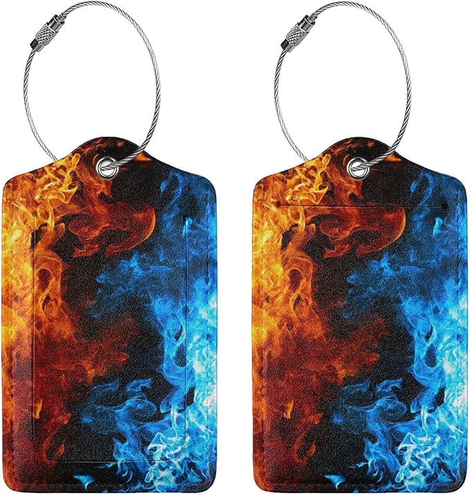 2-Pack Cool Ice and Fire Luggage Tags for Suitcases, Red and Blue Leather Baggage Tag with Loop, Cool Luggage Identifiers Name ID Card Cover Travel Bag Labels Set