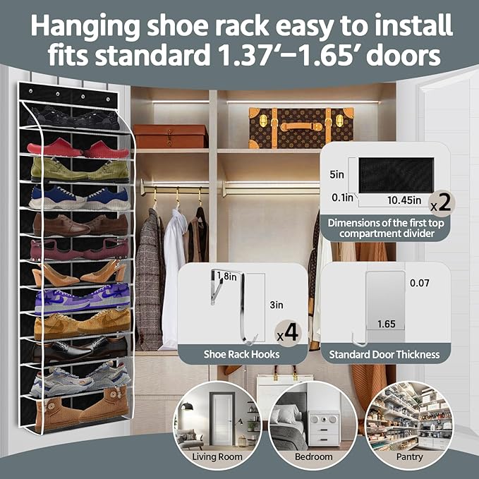 12 Pocket Over the Door Shoe Organizer,Reusable Breathable Large Mesh Bag Men's & Women's Sneaker Organizer,Shoe Organizer for Kids,Hanging Shoe Storage Hanging Bag (Black)