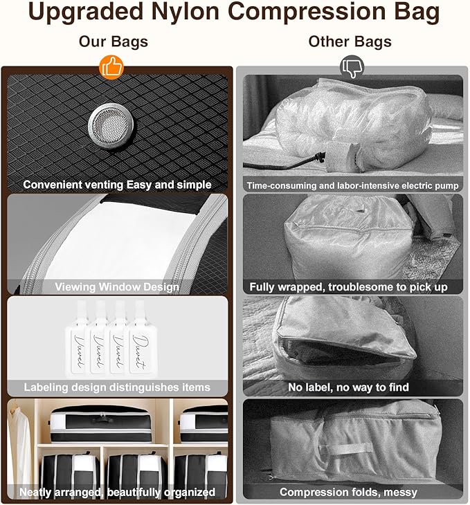 4 Pack Compression Storage Bags - 110L Large Capacity Comforter Storage Bag, 3-Layer Washable Ultra Space Saving Self Compression Organizer Space Bags for Blanket, Sweater, Sheet, Black