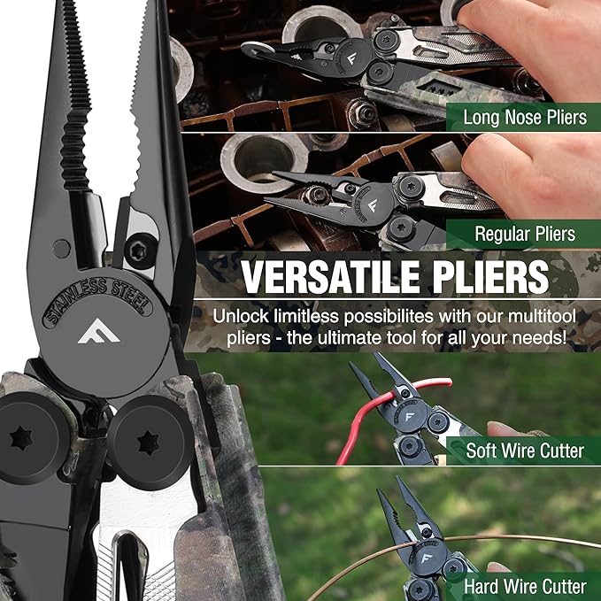 FLISSA Multitool, 18 in 1 Camo Multitool Pliers with Fire Starter, Window Breaker, Whistle, Stainless Steel EDC Gear with Sheath - Perfect for Survival, Simple Repair, Outdoor, Camping