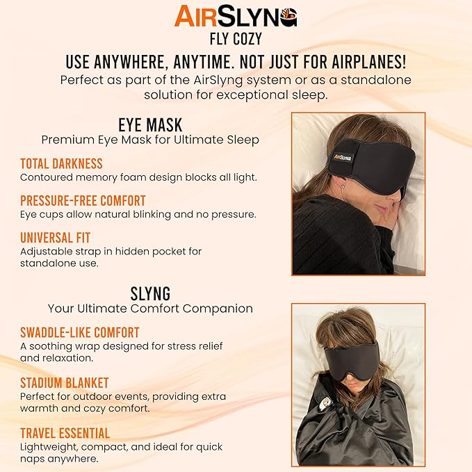 3-in-1 Airplane Sleep Support System - Integrated Plane Sleeping Accessories with Memory Foam Long Haul Flight Pillow, Adjustable Travel Eye Mask, and Blanket-Like Body Sling - Fits in Carry On