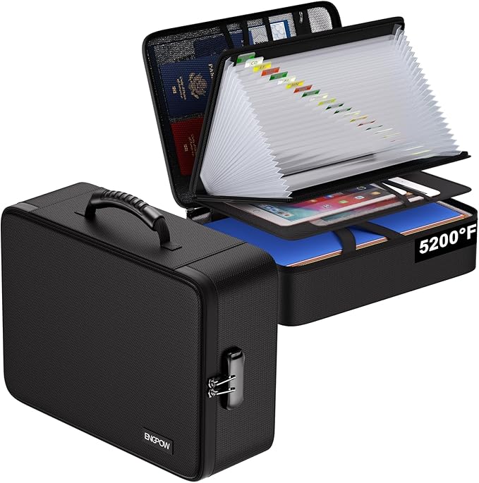 ENGPOW Fireproof Document Box with Lock,5200℉ Soft Case Fireproof Box with 25 Pocket Accordion File Folder,Multi-Layer Fireproof Water Resistant File Organizer Storage for Important Documents,Laptop