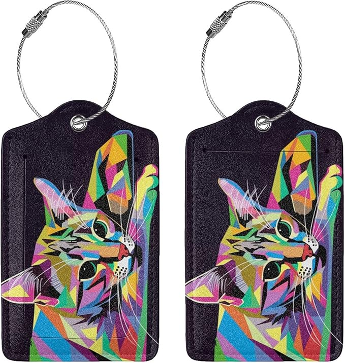 Cat Leather Luggage Tag with Stainless Steel Ring, Fun Name Id Card Cover Travel Bag Tag Set, Suitable for Travel Bag Luggage Women Men 2 PCS