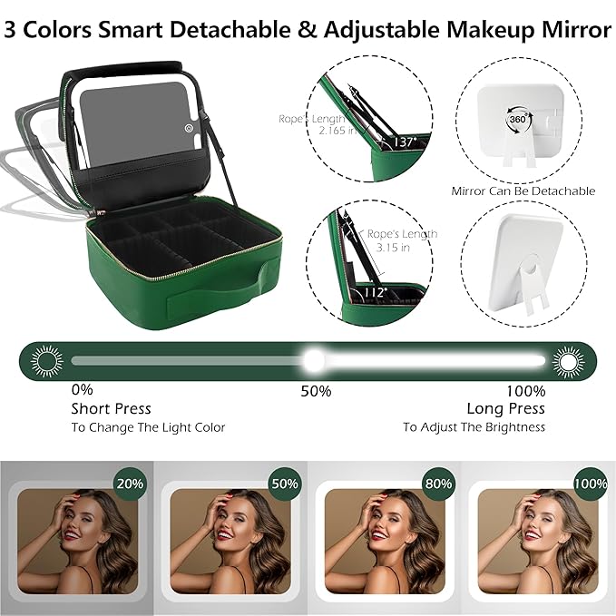 MOMIRA Travel Makeup Bag Cosmetic Bag Makeup Organizer Bag with Lighted Mirror, Adjustable Brightness in 3 Color Scenarios, Waterproof Makeup Train Case, Gift for Women - Emerald green