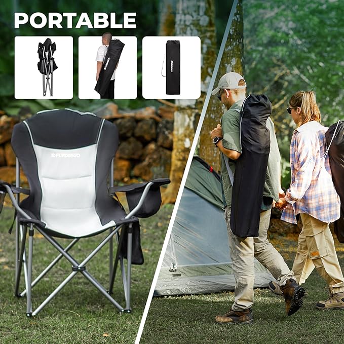 FUNDANGO Folding Camping Chair Heavy Duty, 2 Pack Oversized 440 Lbs Support Outdoor Camp Chairs with Lumbar Support & Cooler Pocket for Fishing Backyard Sports Beach Garden (Black/Grey)