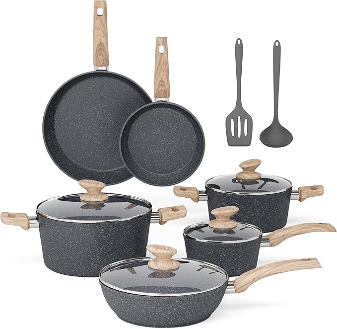 MAISON ARTS Pots and Pans Set Non Stick, 12 Piece Grey Granite Kitchen Cookware Induction Compatible, Pot and Pan Sets for Cooking Nonstick
