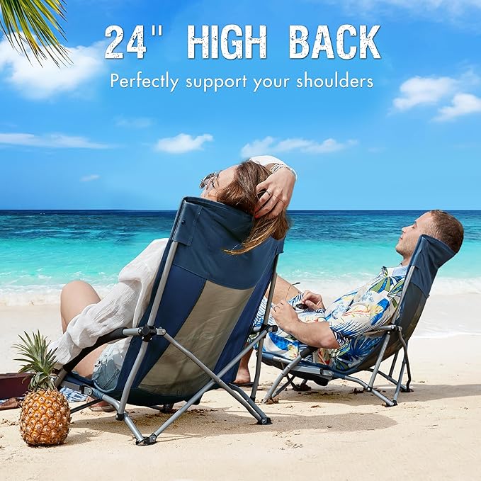 PORTAL Beach Chairs for Adults Camping Low Lightweight Portable Chair with Cup Holder Mesh Back Carry Bag for Outdoor Sand Lawn Travel Picnic Festival Concert, 350LBS