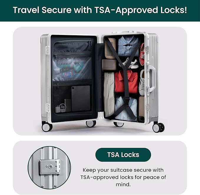 Nobl Travel Carry On Luggage, Noble Zipperless Aluminum Frame PC Hard Shell Suitcase, 20.8"x15"x8.7" Airline Approved, 360° Spinner Wheels, TSA Locks, USB Charging Port, Cup & Phone Holder - Silver