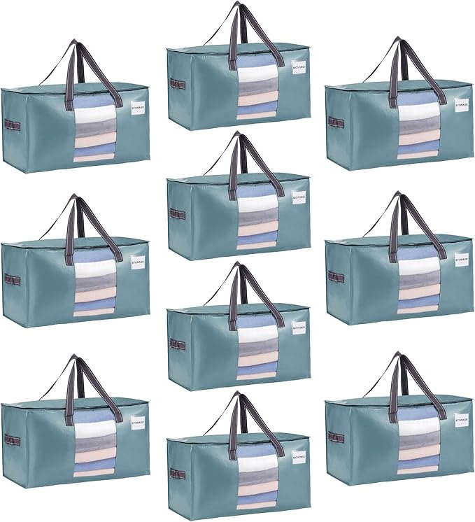 VENO 10 Pack Moving Bags, Comforter and Blanket Storage Bags for Closet, Moving Boxes, Boxes with Lids Alternative, College Dorm Packing Supplies, Foldable Heavy-Duty Tote (Shiny Light Blue, 10 Pack)