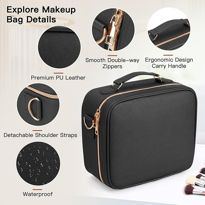 Travel Makeup Bag with LED Mirror, Cosmetic Bags for Women with Light up Mirror, Travel Essentials Makeup Organizer, Makeup Case with Adjustable Dividers and Brush Holder, 3 Color Lights